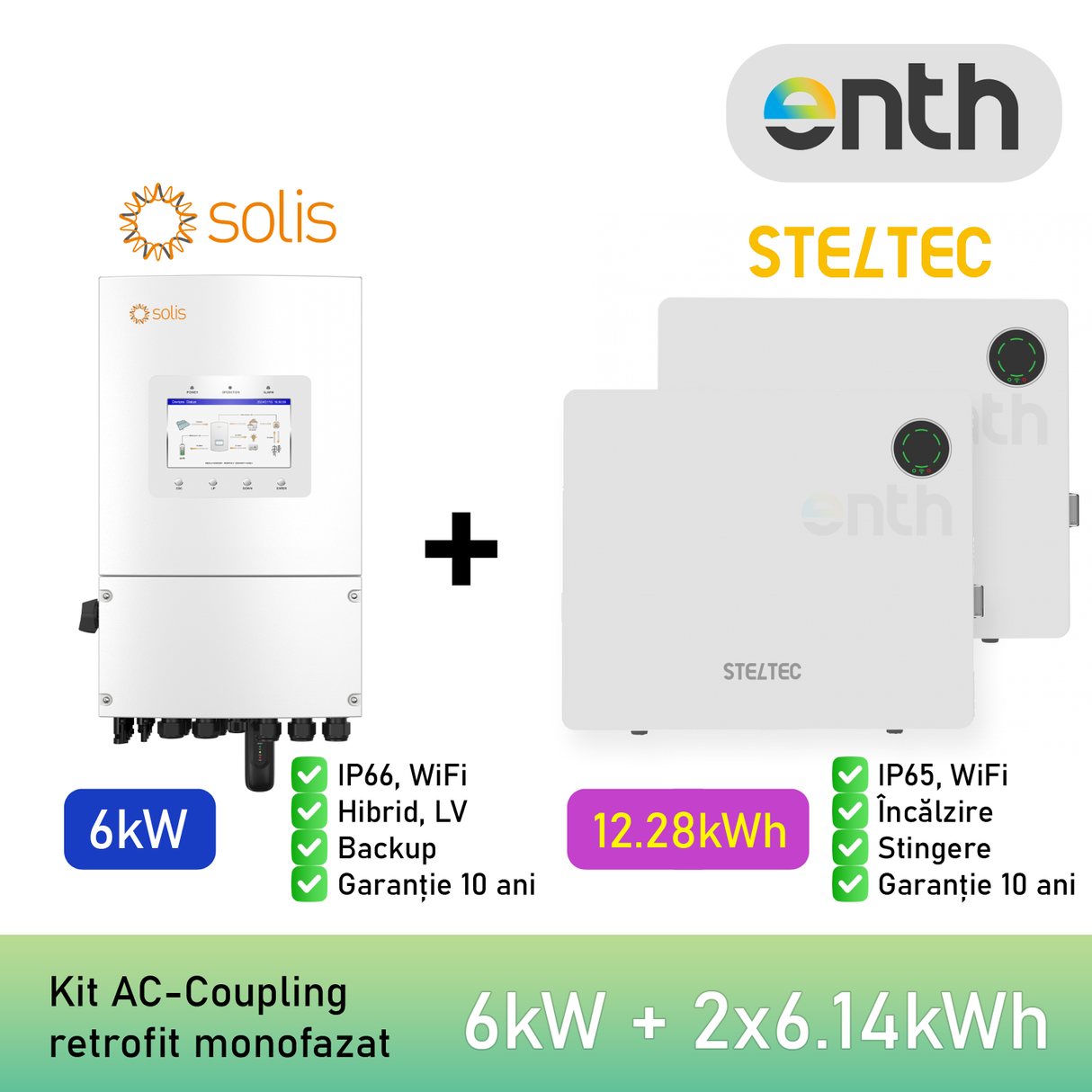 Kit invertor monofazat SOLIS S6-EH1P(6)K-L-PLUS (6kW) + Baterie / acumulator stocare LiFePO4 Low Voltage 51.2VDC STELTEC Flex-L4 (6.14kWh) (STE-BWO-6140) (IP65, incalzire, stingere, WiFi) - 2× STE-BWO-6140 (12.28 kWh)