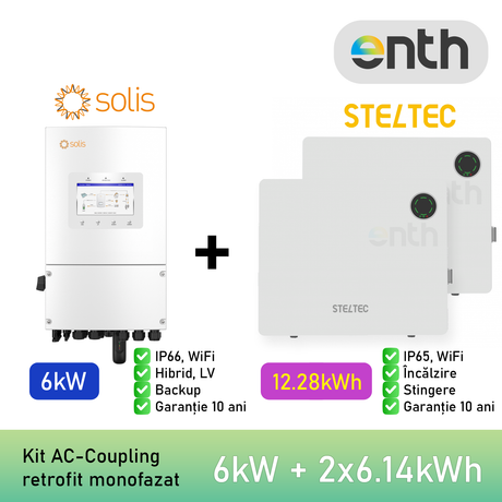 Kit invertor monofazat SOLIS S6-EH1P(6)K-L-PLUS (6kW) + Baterie / acumulator stocare LiFePO4 Low Voltage 51.2VDC STELTEC Flex-L4 (6.14kWh) (STE-BWO-6140) (IP65, incalzire, stingere, WiFi) - 2× STE-BWO-6140 (12.28 kWh)