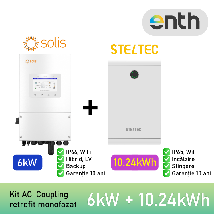 Kit invertor monofazat SOLIS S6-EH1P(6)K-L-PLUS (6kW) + Baterie / acumulator stocare LiFePO4 Low Voltage 51.2VDC STELTEC Flex-L4 (6.14kWh) (STE-BWO-6140) (IP65, incalzire, stingere, WiFi) - 1× STE-BWO-10240 (10.24 kWh)