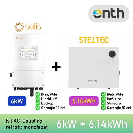Kit invertor monofazat SOLIS S6-EH1P(6)K-L-PLUS (6kW) + Baterie / acumulator stocare LiFePO4 Low Voltage 51.2VDC STELTEC Flex-L4 (6.14kWh) (STE-BWO-6140) (IP65, incalzire, stingere, WiFi) - 1× STE-BWO-6140 (6.14 kWh)