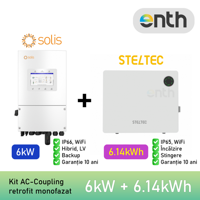 Kit invertor monofazat SOLIS S6-EH1P(6)K-L-PLUS (6kW) + Baterie / acumulator stocare LiFePO4 Low Voltage 51.2VDC STELTEC Flex-L4 (6.14kWh) (STE-BWO-6140) (IP65, incalzire, stingere, WiFi) - 1× STE-BWO-6140 (6.14 kWh)